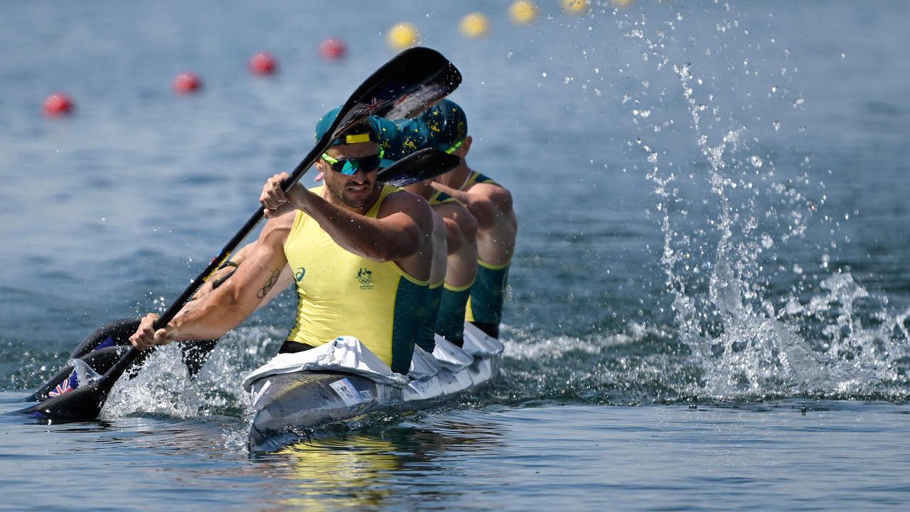 Australia's Riley Fitzsimmons, Pierre Van Der Westhuyzen, Jackson Collins and Noah Havard competing in the men's kayak four 500m final of the canoe sprint competition. Picture: Marne Na Olivier Morin/AFP