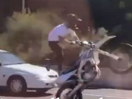 Dirt bike riders seen on City link outbound heading over the Bolte Bridge and in the Tullamarine Freeway. A person hanging out the window of a white Holden Commodore was filming the riders.  Source: Instagram/ jacquifelgate