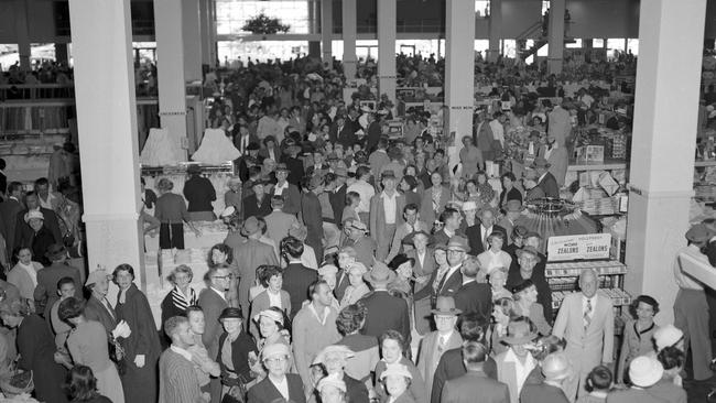 Crowds at opening day at the Allan and Stark Ltd drive-in shopping centre at Chermside on May 5, 1957. Picture: Bob Millar/ The Courier-Mail Photo Archive