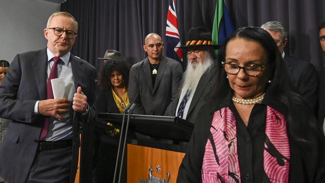 Anthony Albanese in March last year with then Indigenous Australians minister Linda Burney, Attorney-General Mark Dreyfus, and senators Malarndirri McCarthy and Patrick Dodson. Picture: NCA NewsWire/Martin Ollman