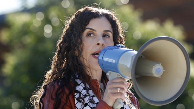 The Australian Research Council is reviewing an $870,000 grant to Dr Randa Abdel-Fattah, pictured speaking at a pro-Palestine rally in Sydney. Picture: Richard Dobson