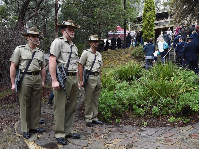 Warrandyte RSL pushed ahead with its Anzac Day service and parade despite the sub-branch's monument being vandalised the previous day. Picture: Steve Tanner