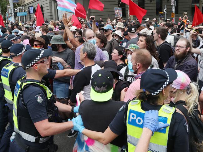 Protesters outside Parliament House on Saturday. Picture: David Crosling