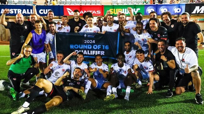 Hume City celebrates its Australia Cup win over Darwin Hearts.