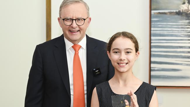 CANBERRA, AUSTRALIA  - NewsWire Photos - November 25, 2024:  Prime Minister Anthony Albanese with Orange level champion (Years 5-6) category,  Jillian Strong at Parliament House in Canberra. Picture: NewsWire / Martin Ollman