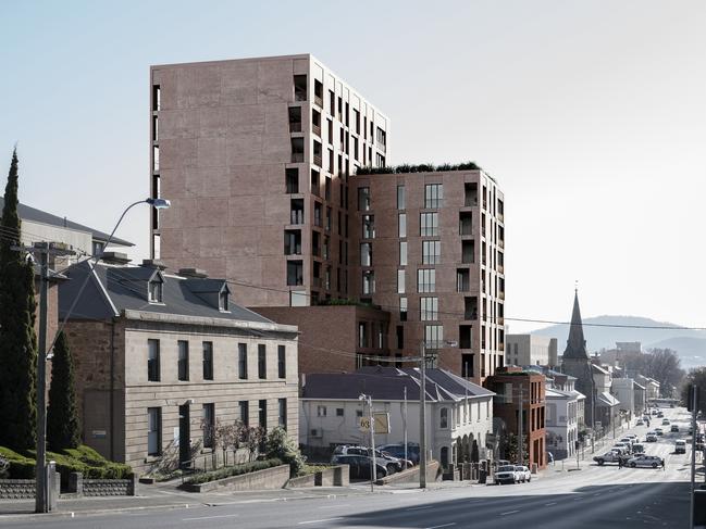 An artist’s impression of the proposed Welcome Stranger development, as seen from further up Davey St.