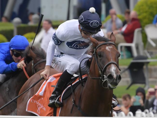 Jockey Jason Collett rides Time To Reign to victory in race 2, the Chandon S Silver Slipper Stakes during Silver Slipper Stakes Day at Rosehill Gardens Racecourse in Sydney, Saturday, February 23, 2019. (AAP Image/Simon Bullard) NO ARCHIVING, EDITORIAL USE ONLY