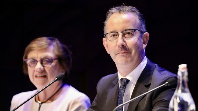 Chairman Patricia McKenzie and interim chief executive Damien Nicks at the AGL AGM in Melbourne. Picture: Alexander Legaree