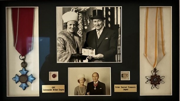 Photographs of Audrey Fakes, of Seaforth, who celebrated her 100th birthday on September 9, 2023, with her late husband Neville and his CBE and Order of the Sacred Treasure. Picture: Supplied