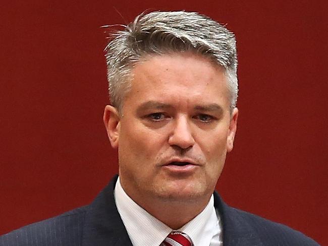 Mathias Cormann speaking in the Senate Chamber, Parliament House in Canberra.