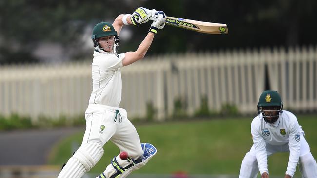 Australian captain Steve Smith batting on day three of the second Test in Hobart on Monday.