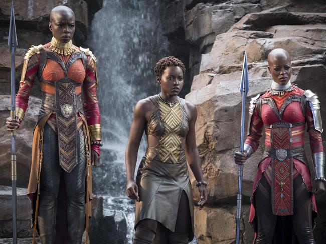 Okoye (Danai Gurira), Nakia (Lupita Nyong’o) and Ayo (Florence Kasumba) in Black Panther. Picture: Matt Kennedy/Marvel Studios