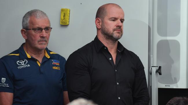 ADELAIDE, AUSTRALIA - SEPTEMBER 12: Adelaide Crows Football Director Mark Ricciuto watches the Don Pyke speak to the media during an Adelaide Crows AFL press conference at XXXXX on September 12, 2019 in Adelaide, Australia. Adelaide coach Don Pyke stepped down earlier today in the midst of the Adelaide Crows end of season review. (Photo by Mark Brake/Getty Images)