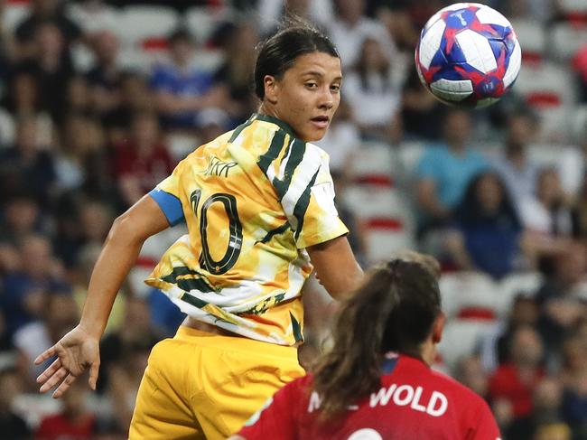 Australia's Sam Kerr heads the ball during the Women's World Cup round of 16 soccer match between Norway and Australia at the Stade de Nice in Nice, France, Saturday, June 22, 2019. (AP Photo/Thibault Camus)