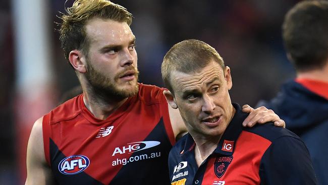 Jack Watts and Simon Goodwin come together after the game. Picture: AAP Images