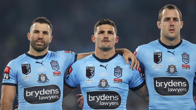 James Tedesco, Nathan Cleary and Isaah Yeo of the Blues. Photo by Mark Kolbe/Getty Images.