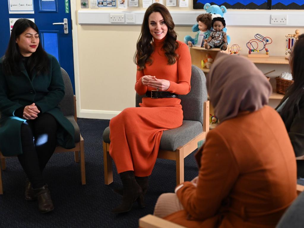 Weeks later, Catherine wore the same dress during her January visit to Foxcubs Nursery in Luton, England, as part of her work highlighting early childhood development. Picture: Justin Tallis