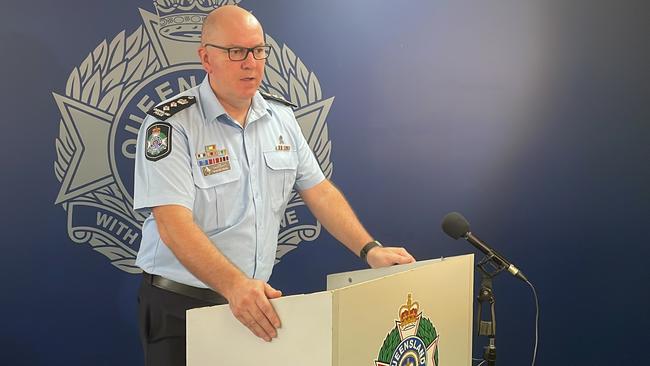 Chief Superintendent Graeme Paine speaks at the Townsville Police Station about a break and enter of multiple vehicles and the theft of a firearm in Townsville City early on Sunday morning. Picture: Chris Burns