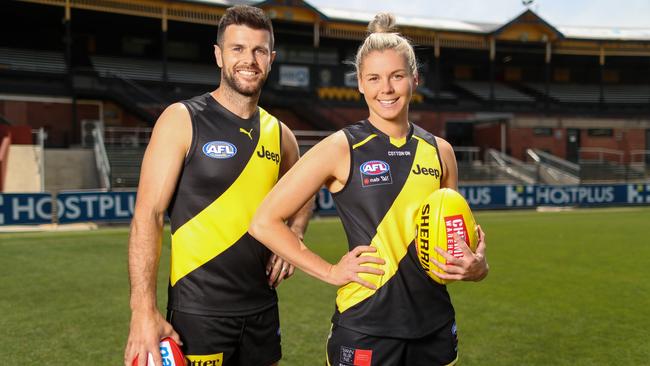 Richmond’s AFL captain Trent Cotchin and AFLW skipper Katie Brennan. Picture: Alex Coppel.