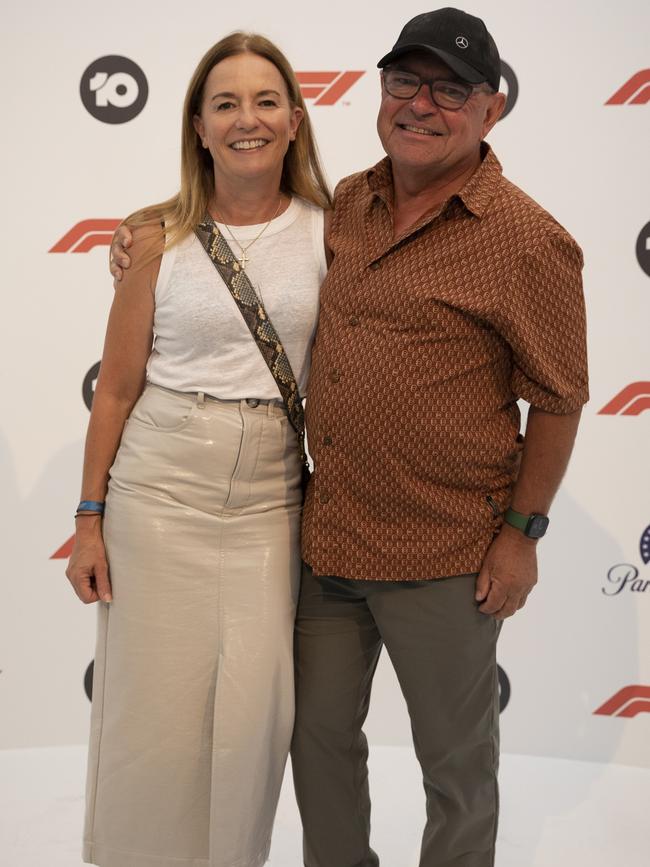 Sacha French and Steve Price at the Network 10 pit lane suite. Picture: Channel 10