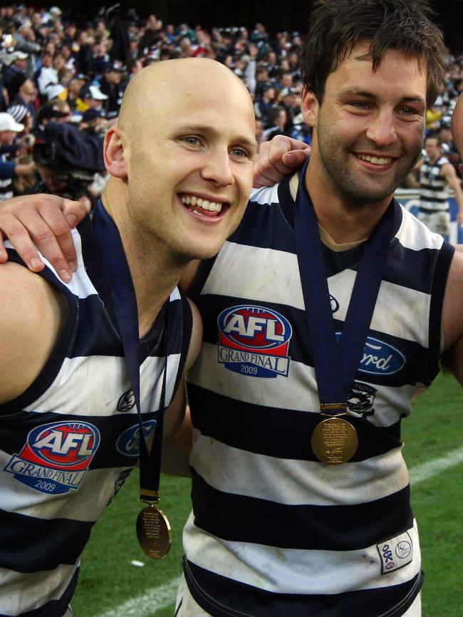 Gary Ablett with Jimmy Bartel after the 2009 Grand Final.