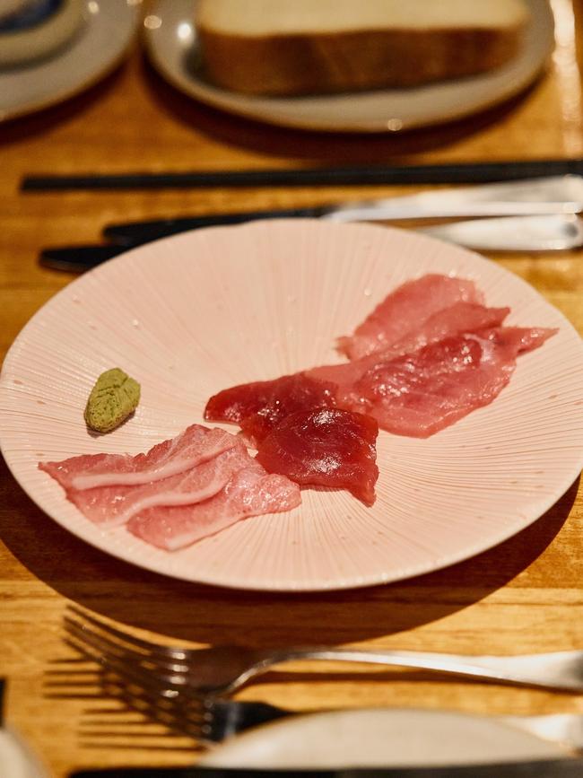The second entree in the Southern bluefin dinner is three cuts of sashimi including from the tuna’s back, belly and inner-belly with pickled daikon, white soy and shima wasabi. Picture: Samuel Shelley.
