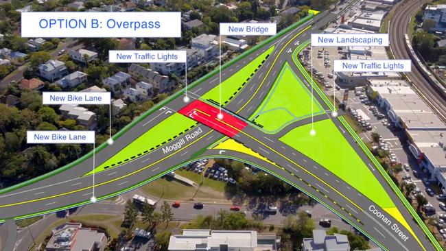 Option B – overpass. Brisbane City Council this morning revealed its preferred option for upgrading Indooroopilly roundabout, but has refined the design shown above.