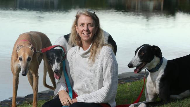 Lisa White with greyhounds Mia, Molly and Badger. Picture by Scott Fletcher