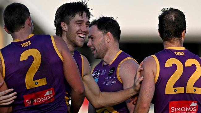 Collegians celebrate a goal. Picture: Andy Brownbill