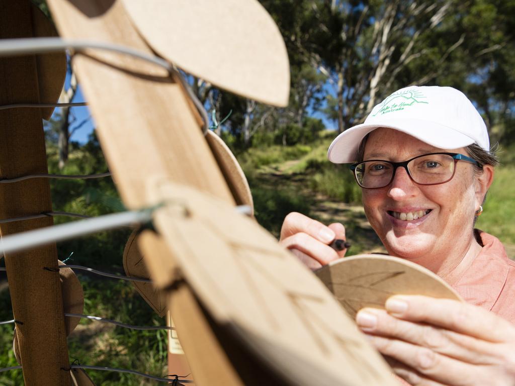 Hike to Heal committee member Fleur Winter with the tribute tree made by Toowoomba West Men's Shed members for people to write messages of rememberance, hope and healing at Mt Peel Bushland Park, Saturday, February 19, 2022. Picture: Kevin Farmer