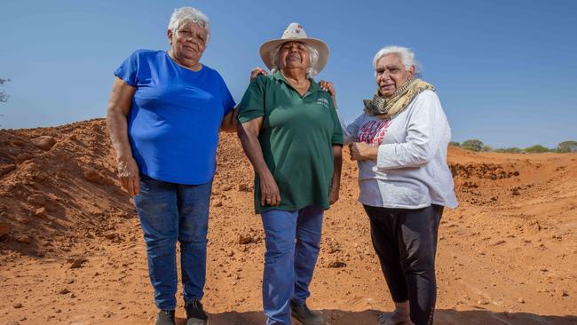 Traditional owners Heather Stuart, Beverley Patterson and Regina McKenzie have been left devastated after sacred Adnyamathanha sites were destroyed in the Flinders Ranges. Picture: Ben Clark