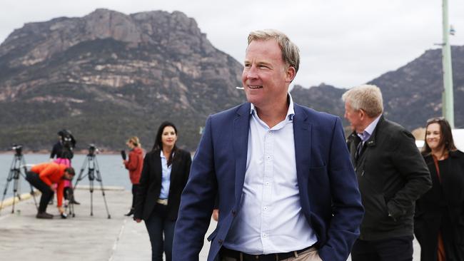 Outgoing Premier Will Hodgman attends the launch of Pennicott Wilderness Journeys recently acquired Wineglass Bay Cruises. Picture: ZAK SIMMONDS