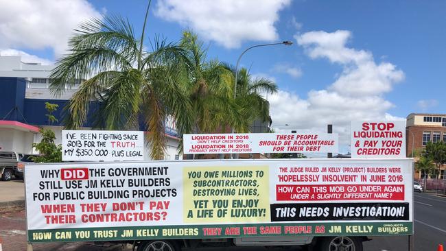 Photos of former JM Kelly subcontractor Mick Barfield's truck demonstrates the sentiments shared by hundreds of workers left in the lurch in 2018.