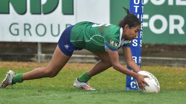 Winger Rhiannon Brown goes in for the winning try in The Cathedral College's semi-final win at Confraternity. Photo: Scott Radford-Chisholm Photography/QISSRL