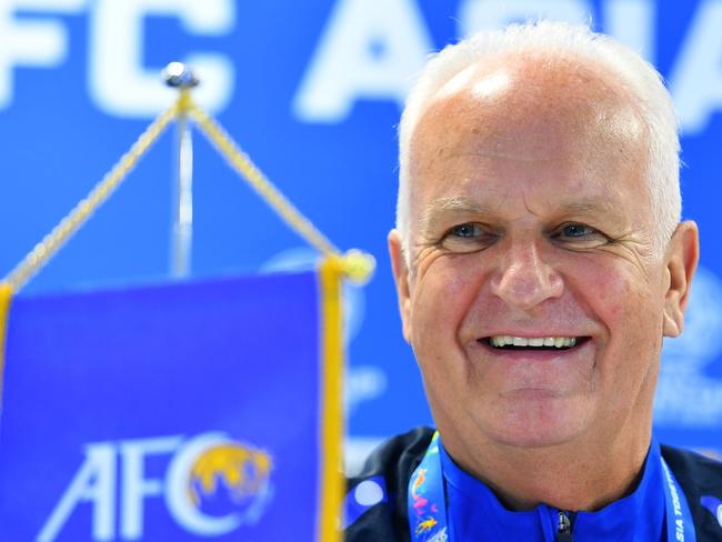 Syria national team's German coach Bernd Stange gives a press conference at Sharjah stadium in Sharjah on January 5, 2019, a day ahead of his team's match against Palestine in the 2019 AFC Asian Cup. (Photo by GIUSEPPE CACACE / AFP)