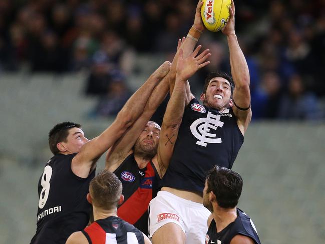 Weitering takes a screamer against the Bombers in Round 11. Picture: Michael Klein