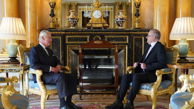 Britain's King Charles III speaks with Prime Minister of Australia, Anthony Albanese, in the 1844 Room at Buckingham Palace. Picture: Getty Images