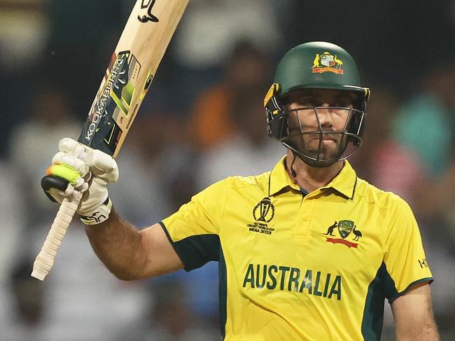 MUMBAI, INDIA - NOVEMBER 07: Glenn Maxwell of Australia celebrates his 150 during the ICC Men's Cricket World Cup India 2023 between Australia and Afghanistan at Wankhede Stadium on November 07, 2023 in Mumbai, India. (Photo by Robert Cianflone/Getty Images)