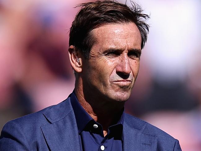 NEWCASTLE, AUSTRALIA - MARCH 20: Former Knights player and commentator Andrew Johns looks on during the round two NRL match between the Newcastle Knights and the Wests Tigers at McDonald Jones Stadium, on March 20, 2022, in Newcastle, Australia. (Photo by Cameron Spencer/Getty Images)