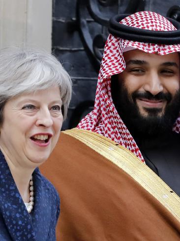 Britain’s Prime Minister Theresa May with Crown Prince Mohammed on March 7, 2018. Picture: Tolga Akmen/AFP