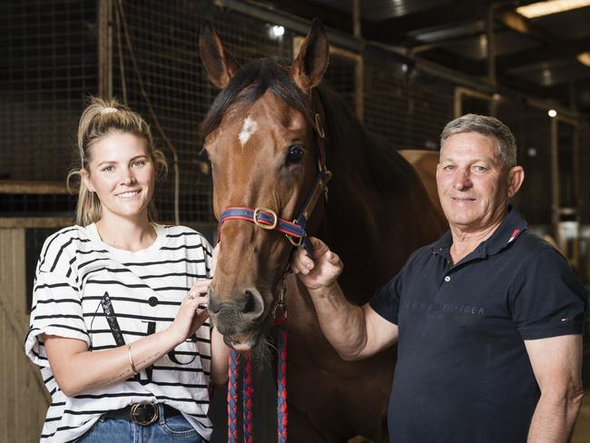 Father and daughter trainers Tony and Maddy Sears of Sears Racing with Yellow Brick at their Toowoomba stables, Thursday, August 31, 2023. Picture: Kevin Farmer