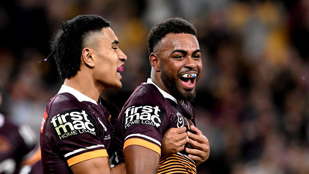 BRISBANE, AUSTRALIA - JULY 30: Ezra Mam of the Broncos celebrates scoring a try during the round 20 NRL match between the Brisbane Broncos and the Wests Tigers at Suncorp Stadium, on July 30, 2022, in Brisbane, Australia. (Photo by Bradley Kanaris/Getty Images)