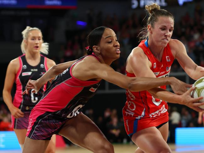 The Thunderbirds’ Shamera Sterling competes for the ball during the 2023 Super Netball Grand Final. Picture: Graham Denholm/Getty Images