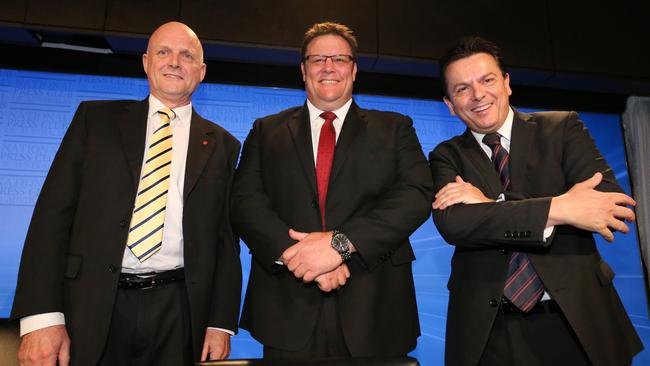 Cross bench Senators David Leyonhjelm, Glenn Lazarus and Nick Xenephon together for a panel address to the National Press Club. Picture: Ray Strange