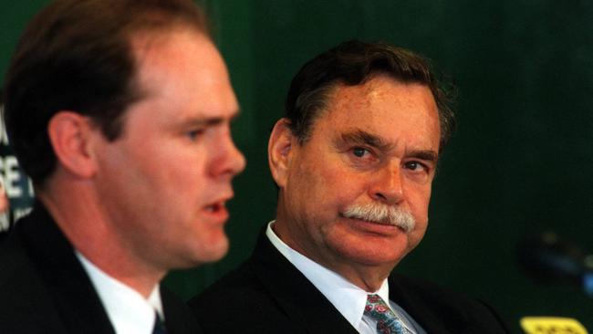 Rodney Eade with Ron Barassi at the press conference announcing his appointment as the legendary coach’s successor at Sydney.