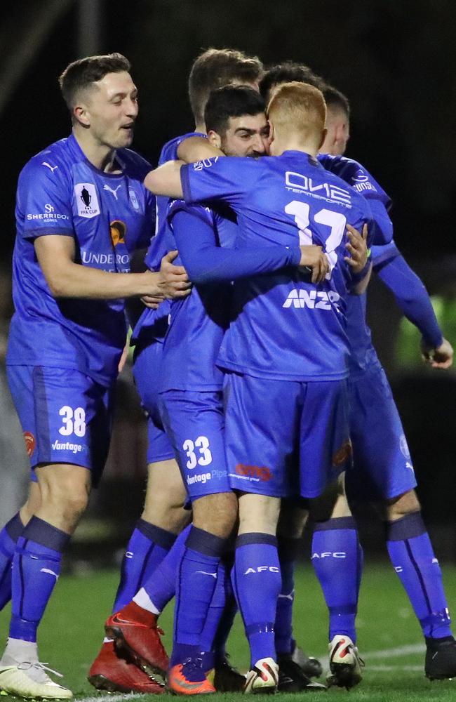 Avondale FC celebrates Joey Katebian’s goal which put it 2-1 ahead. Picture: Getty Images.