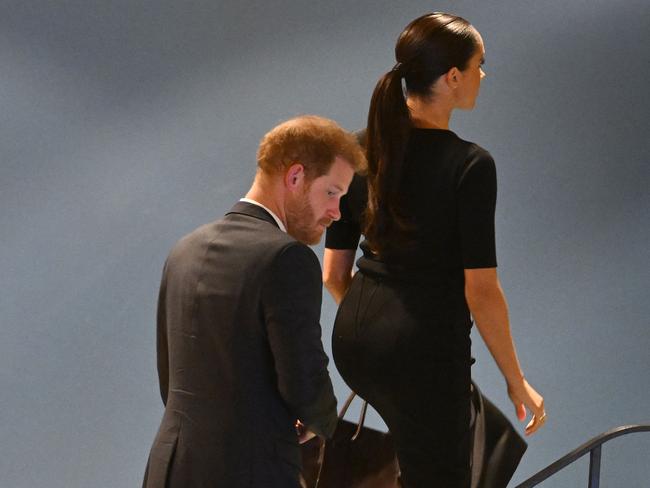 The Duke and Duchess of Sussex leave the United Nations after Prince Harry’s speech. Picture: AFP