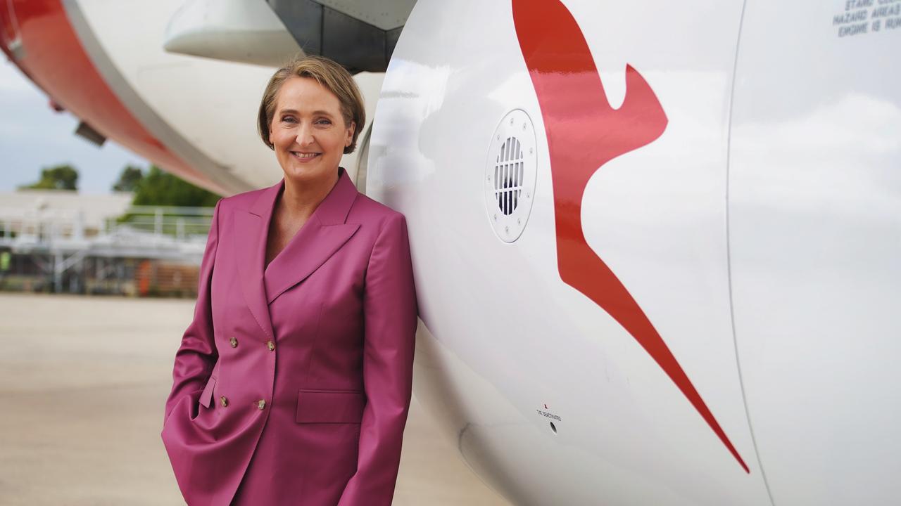 Qantas chief executive Vanessa Hudson travelled to the group’s Melbourne maintenance hangar for the results announcement. Picture: NewsWire / Luis Enrique Ascui