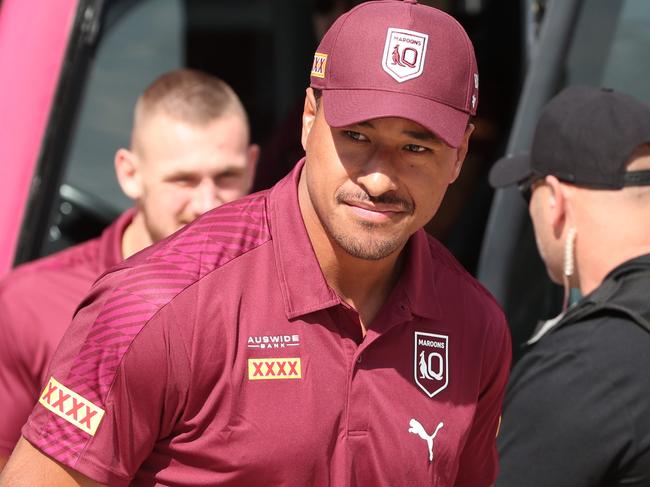 Felise kaufusi steps off the bus for a Maroons fan day at Bundaberg. Picture Lachie Millard