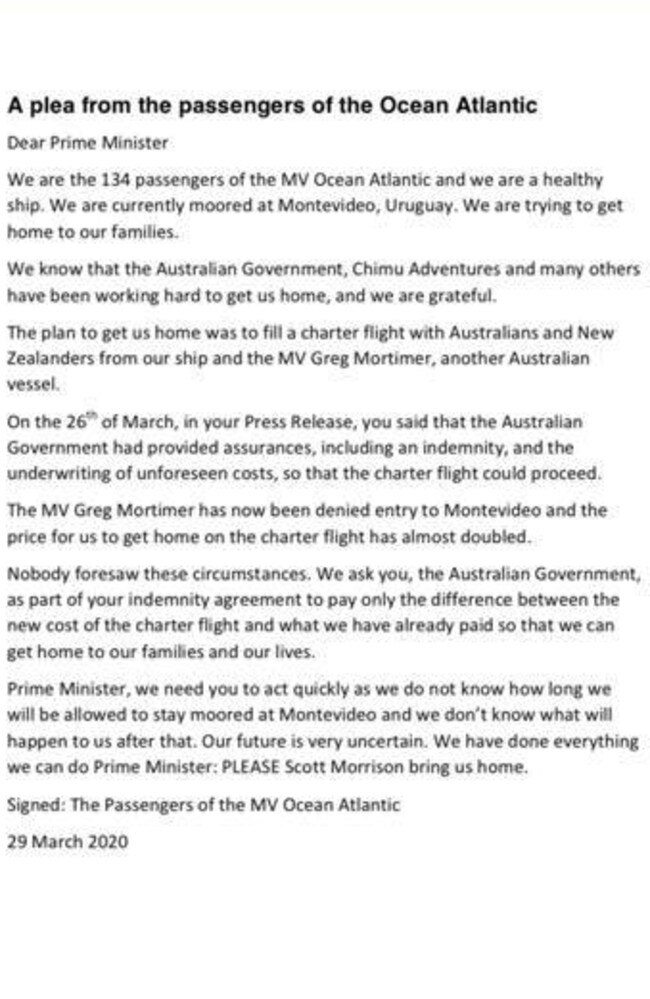 MV Ocean Atlantic passengers emailed this letter to Prime Minister Scott Morrison.